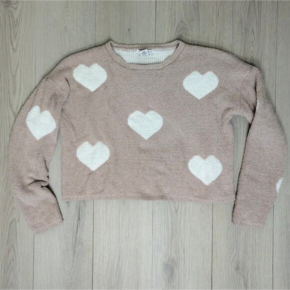 Sincerely Jules tan and white hearts plush crop top sweater sz Medium soft - Picture 1 of 5